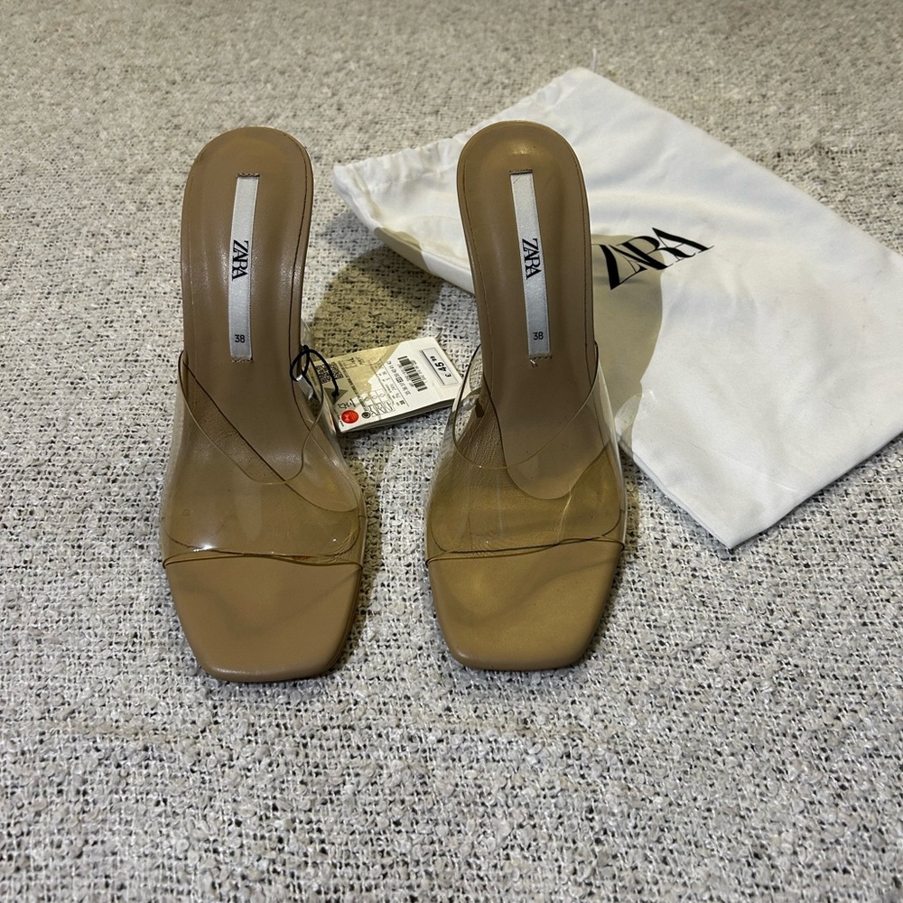 NWT ZARA Tan Clear-Strap Square-Toe Slide Heels Size 38
